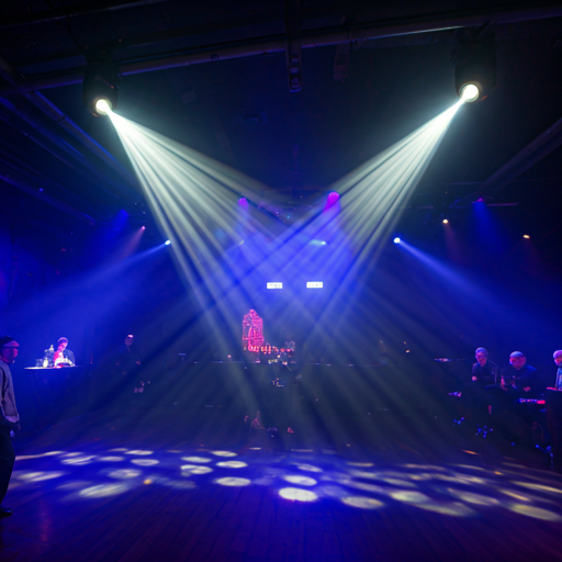 Neon club lighting cutting through haze on the dancefloor