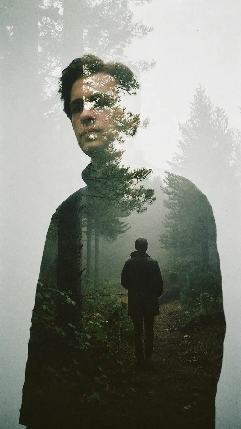 KAIRO VOSS — double exposure portrait blended with foggy forest path